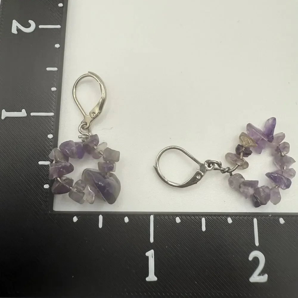 Silver Tone‎ Amethyst Beaded Necklace and Earring Set Pierced 24” Artisan Boho